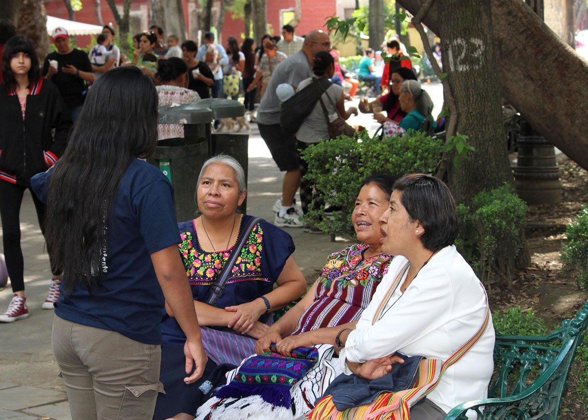 Older Mexican women talking with a young one, sitting on a bench at Jardín Centenario - Coyoacán, CDMX