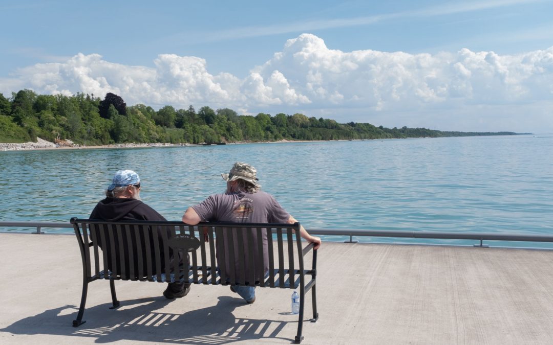 Two older men talking on the boardwalk - Bayfield, Ontario (June 2022)