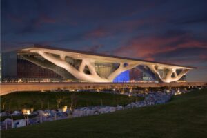 The Qatar National Convention Centre at night